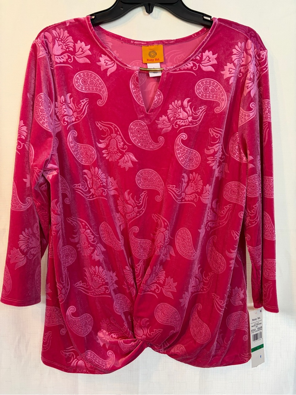 Ruby Rd. Hot Pink Paisley Velvet Twist-Front Long Sleeve Top